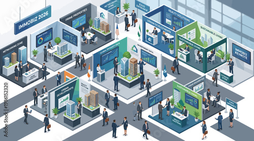 Isometric illustration of people attending a real estate exhibition with various booths and displays showcasing property business and investment opportunities in a modern setting.