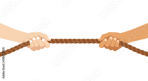 Two diverse hands with distinct skin tones firmly grip a thick twisted brown hemp rope during an intense tug of war competition against a white backdrop.