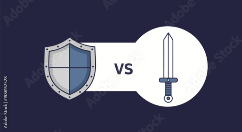 Illustration depicting a shield and a sword facing each other, symbolizing a battle or conflict between defense and offense, strategy and strength.