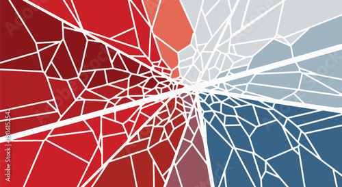 A striking abstract design featuring shattered glass effect with a color split of red and blue, creating a dynamic and fractured visual.