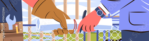 Construction teamwork collaboration blueprint exchange builder and architect hands passing rolled plans at job site fence background tool belt watch flat design