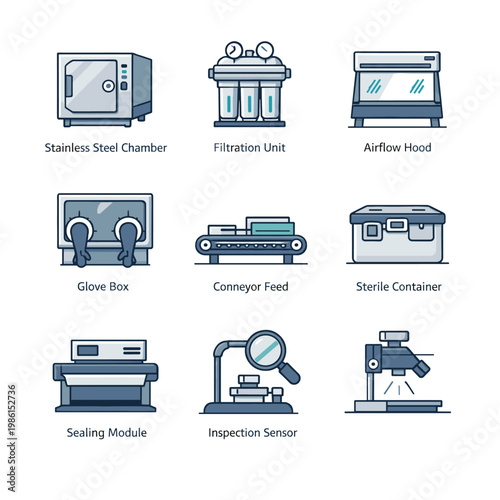 Medical Equipment Icons With Stainless Steel Chamber