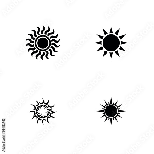 Decorative Sun Silhouette Vector Icon Set with Wavy and Sharp Rays