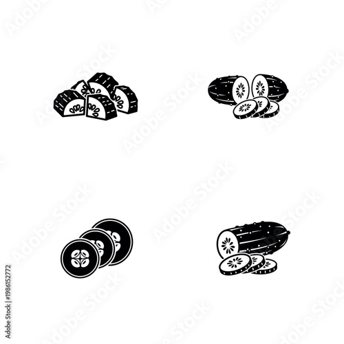 Sliced Cucumber and Vegetable Pickles Silhouette Vector Icon Set