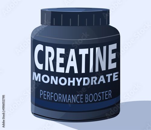 Bold vector illustration of a black creatine monohydrate jar, ideal for sports nutrition branding, fitness infographics, and bodybuilding supplement icons.