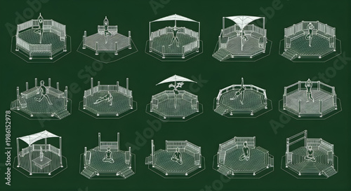 Yoga Deck Blueprint Icon Set – AutoCAD Wellness Outdoor Platform Multi View Landscape Technical Drawing White Outline on Dark Green Background