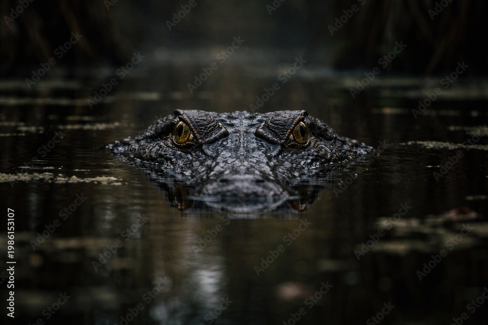 Fototapeta premium Hidden Watch: A close-up shot captures the intensity of an alligator's gaze, its eyes peering from the murky water. The image evokes a sense of both danger and mystery.