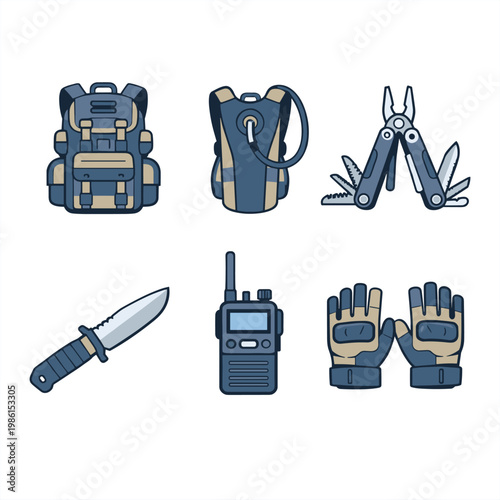 Adventure Gear Icons Equipment With Backpack With Hydration Pack