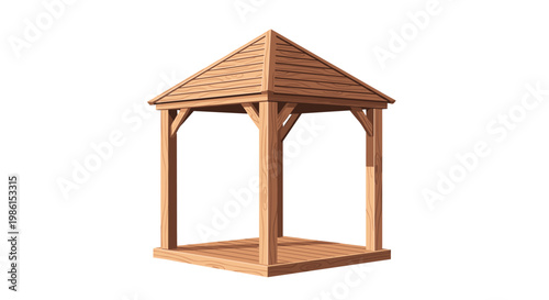 A pristine wooden garden gazebo features a meticulous pyramid-shaped slatted roof and a solid timber deck while standing isolated against a white background.
