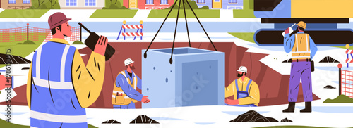 Construction workers teamwork heavy equipment site safety supervision crane lifting concrete barrier excavation urban background