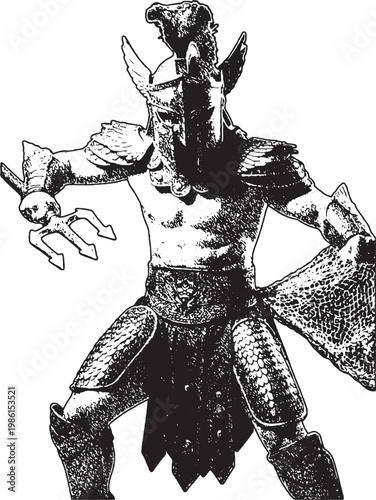 Roman Retiarius Gladiator with Trident and Net Vintage Engraving. warrior in scale armor with a trident and weighted net, capturing the authentic equipment of ancient arena combat in a vintage