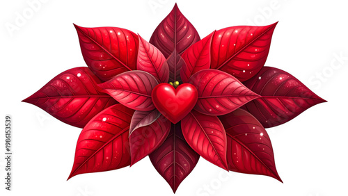 A vibrant poinsettia flower in full bloom with rich red petals and green center Vector