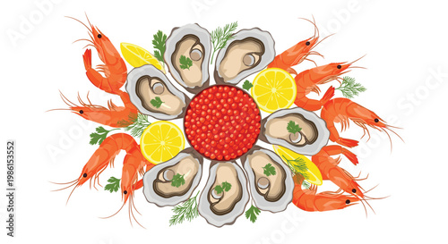 An opulent seafood platter displays a central bowl of bright red caviar surrounded by fresh oysters and vibrant orange cooked shrimp against a white background.
