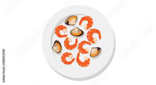 A pristine white ceramic plate is elegantly arranged with several vibrant orange cooked shrimp and open clamshells against a clean and bright white background.