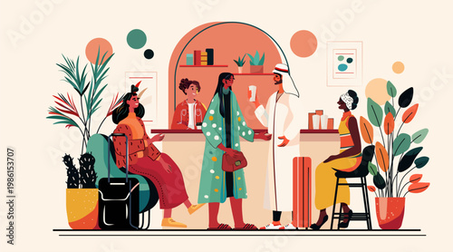 Travelers hotel lobby diverse people waiting luggage plants reception counter modern interior decor