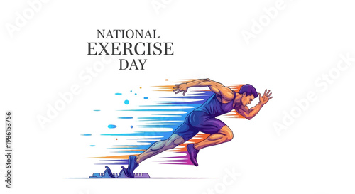 Dynamic illustration of a determined athlete sprinting forward with motion blur, symbolizing National Exercise Day, set against a clean white background to promote fitness and a healthy