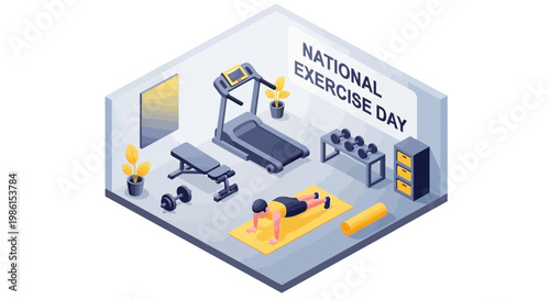 Isometric illustration promoting National Exercise Day, depicting a man doing push-ups on a yellow mat in a home gym setup with a treadmill and weights, set against a clean white background