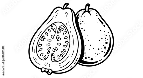 Simple black and white outline illustration of a whole guava and a halved guava, revealing internal seeds.
