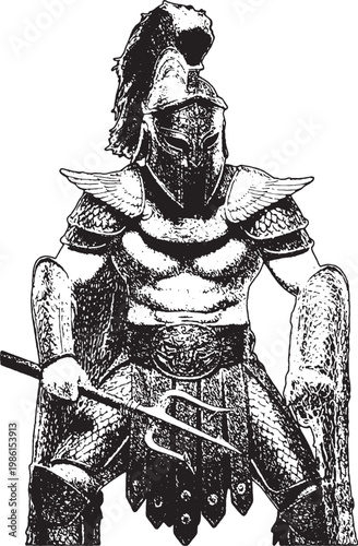 Ancient Spartan Warrior Gladiator with Trident Vintage Engraving. A powerful ancient gladiator or Spartan warrior wearing a plumed helmet and heavy scale armor, holding a trident. ideal for historical
