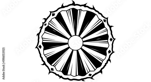 Bold black and white illustration of a citrus cross-section, radiating abstract lines outward in a stylized sunburst pattern.