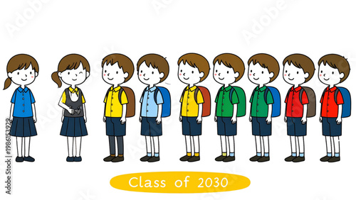 Group of cartoon characters standing in a line holding hands Vector