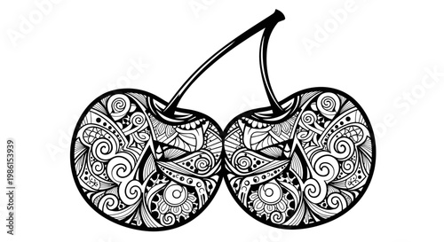 Intricately detailed black and white illustration of two cherries, filled with complex swirling mandala patterns.