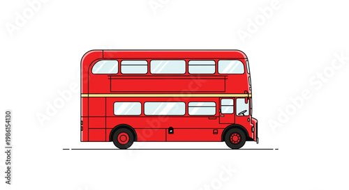 A detailed side profile illustration of a long red double-decker bus displays its uniform window rows and streamlined design against a white background.