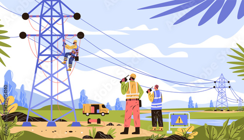 Electrical line workers power transmission maintenance teamwork utility tower safety gear outdoor landscape equipment repair service