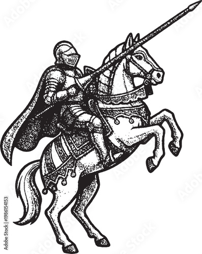 Medieval Knight on Rearing Warhorse with Lance Engraving. llustration shows a dramatic rearing horse with a raised lance, capturing a moment of bravery and chivalry in a classic vintage woodcut style.