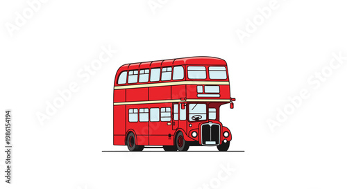 A vibrant red double-decker bus with a traditional British design and multiple levels of windows is showcased in a clean and detailed graphic illustration.