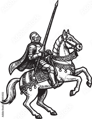 Medieval Knight on Rearing Horse with Lance Vintage Engraving. This vintage stipple art illustration features a courageous warrior with a raised lance, capturing a dynamic moment of chivalry