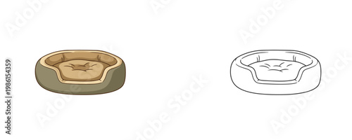Pet bed cartoon illustrations in olive green and black line styles representing comfortable furniture for domestic cats and dogs for sleeping and rest isolated on white background