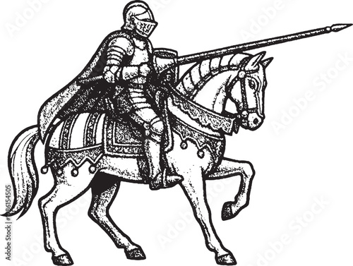 Medieval Knight on Horseback Charging with Lance Vintage Illustration. The illustration uses a classic stipple art style, capturing the spirit of chivalry, jousting.