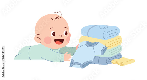 A happy smiling infant with a tiny curl of hair crawls enthusiastically toward a tall stack of freshly laundered blue and yellow cotton baby clothes.