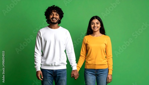 Smiling couple holding hands in front of a vibrant green backdrop. Content and joyful