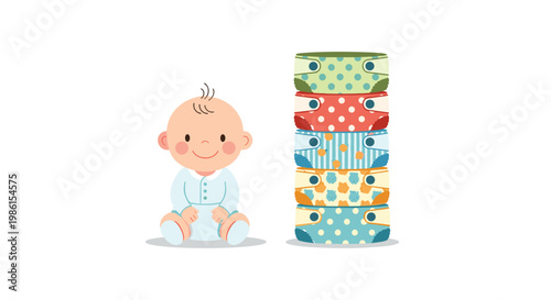 A cute baby in a light blue outfit sits calmly beside a tall vertical stack of reusable cloth diapers featuring various colorful polka dot patterns here.