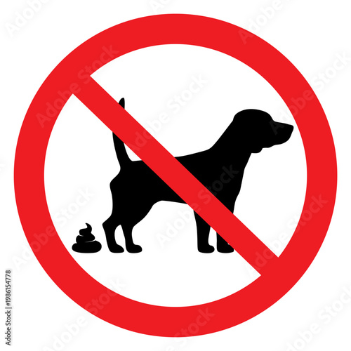 Dog and excrement, ban pooping sign. Clean up after your pet. Shitting is not allowed. Information red circle sign for animal owners. Vector illustration.