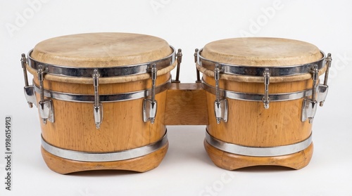 A pair of traditional wooden bongo drums featuring metallic rims and natural skin drumheads