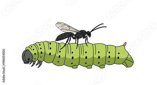 A slender black wasp with delicate wings stands atop a light green caterpillar marked with small black dots against a clean and simple white background.