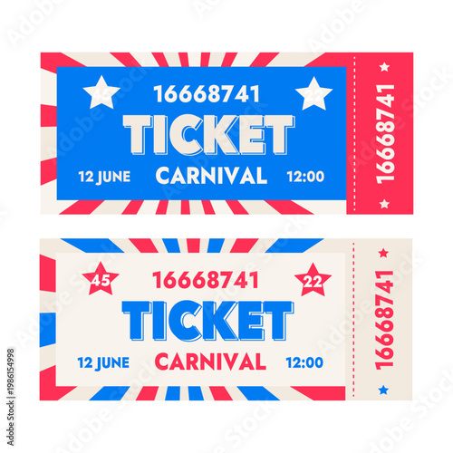 Retro carnival ticket template with red and blue colors
