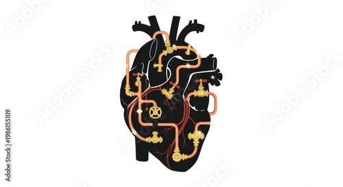 An intricate anatomical heart silhouette contains a complex network of industrial copper pipes and golden valves against a pristine white background.