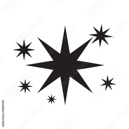 Black starbursts and sparkles on a white background a simple graphic