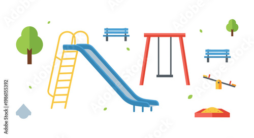 A vibrant collection of playground equipment features a tall blue slide and a red swing set in a public park with a bright and colorful color motif.