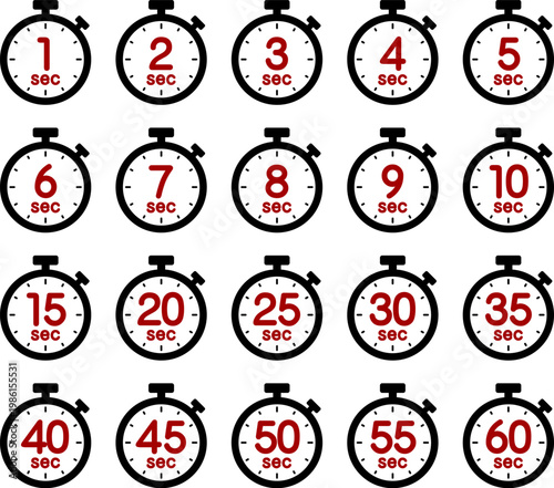 時間を示すストップウォッチのアイコン（stopwatch icon　1sec/2sec/3sec/4sec/5sec/6sec/7sec/8sec/9sec/10sec/15sec/20sec/25sec/30sec/35sec/40sec/45sec/50sec/55sec/60sec）
