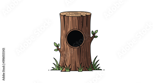 A rustic brown cartoon tree stump with a deep circular hollow sits amidst small green grass tufts against a clean white background in bright light.