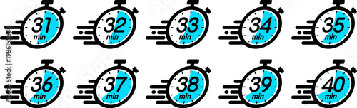 スピード感のある時間を示す時間管理のアイコン（stopwatch icon　31min/32min/33min/34min/35min/36min/37min/38min/39min/40min）
