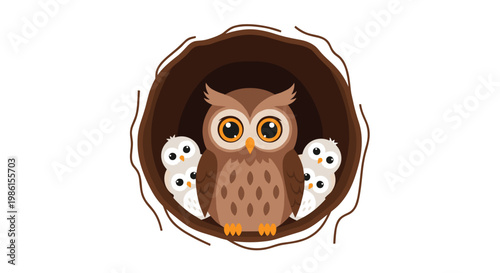 A protective brown mother owl sits nestled inside a dark tree hollow with four small white owlets peeking out from the shadows around her in soft light.
