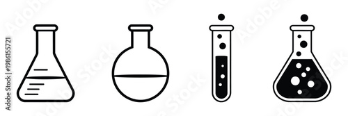 Laboratory chemical flasks icon set, Erlenmeyer and alchemy symbols in modern line style, editable stroke vector collection representing scientific research