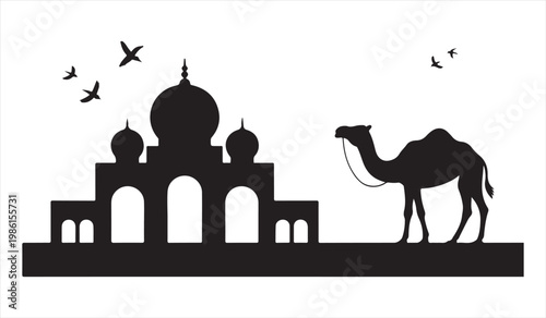Desert scene with camel and Arabic mosque silhouette Islamic architecture vector illustration