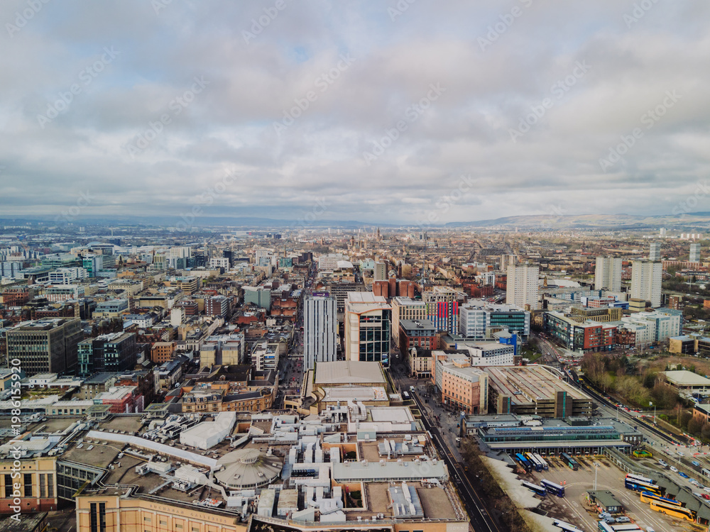 Fototapeta premium Glasgow Scotland: 12th Feb 2026: Drone view of Glasgow city centre skyline and Buchanan Bus Station